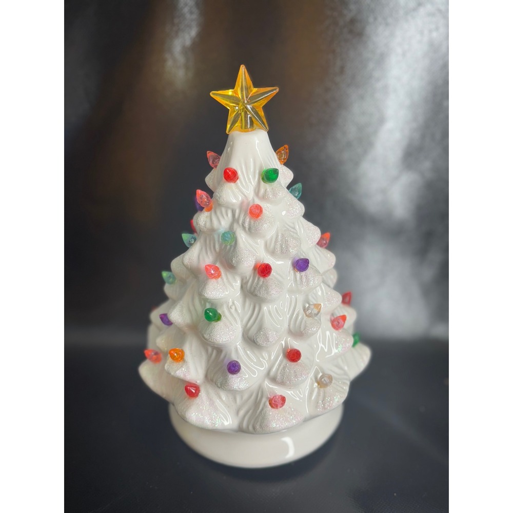 White Ceramic Christmas Tree Multicolored Lights Glitter Star‎ Topper 10 Inch